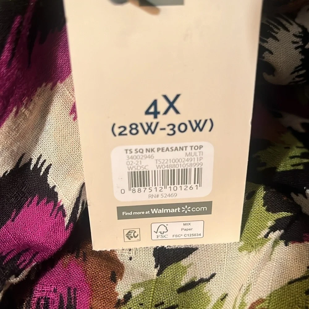 NWT Terra & Sky Tropical Women’s Square Neck Short Sleeve Peasant Top Size 4X